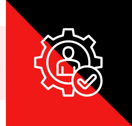 Group 53 A red and black background with an icon of a person inside a gear.