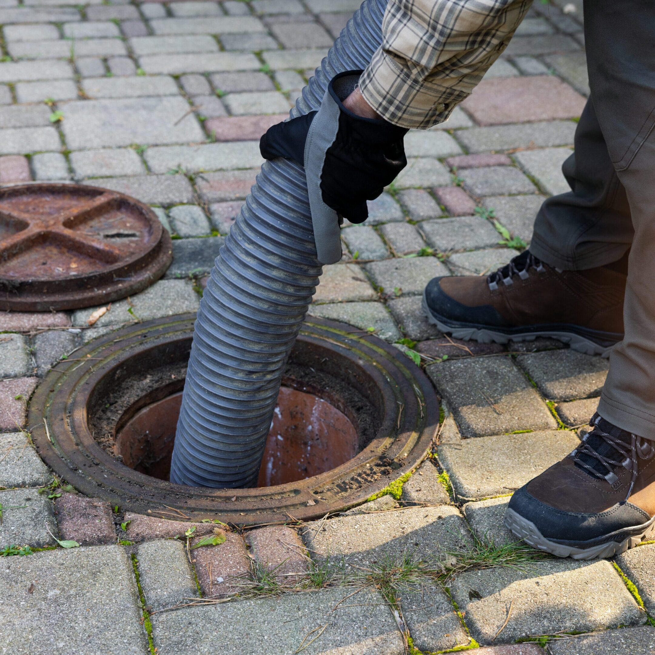 worker holding pipe and pumping out household septic tank. drain and sewage cleaning service A person is using an industrial hose to clean the floor.